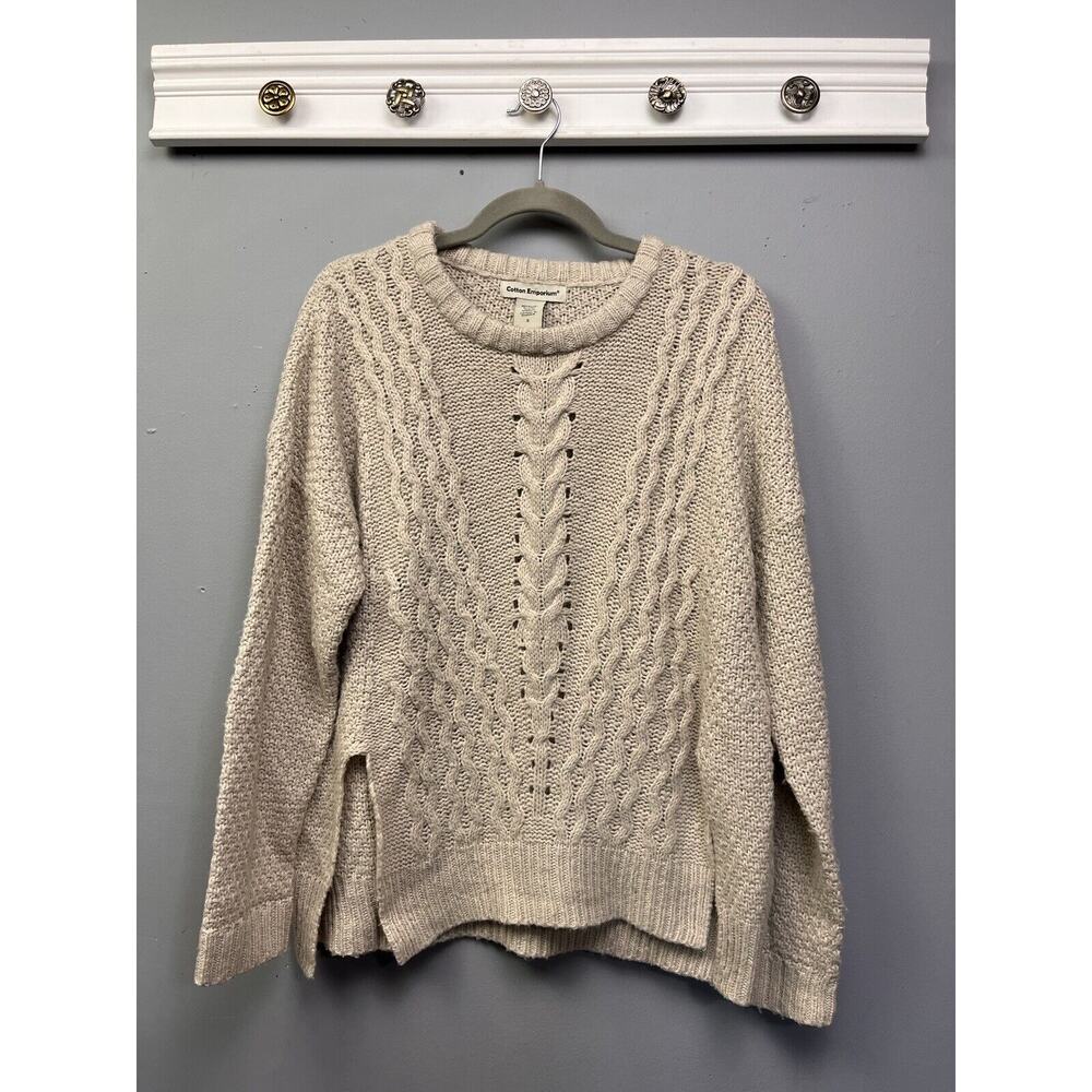 Cotton Emporium Sweater Womens small Beige Fisherman Knit Side Slits Neutral
